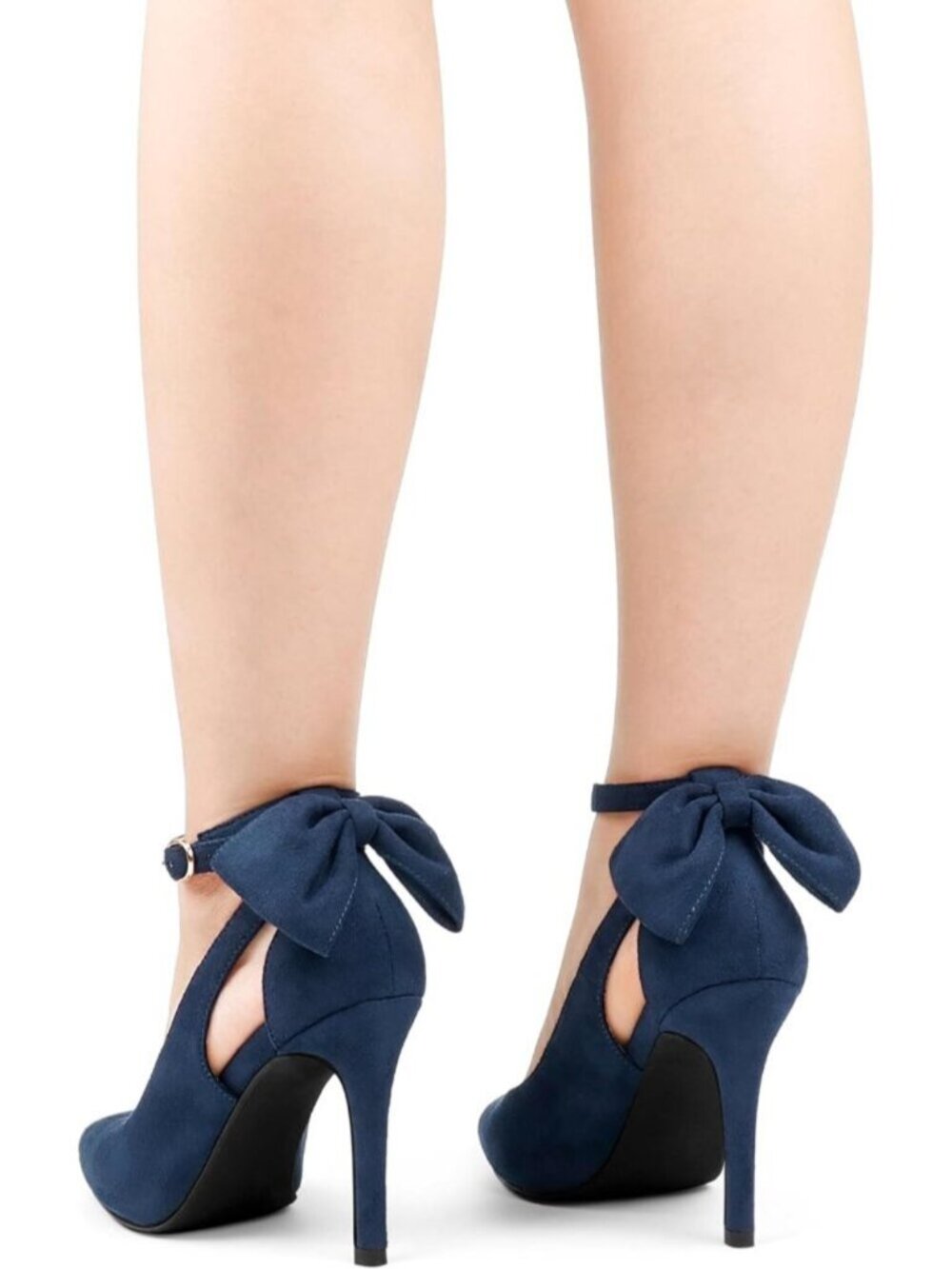 Women's Navy Faux Leather Adjustable Pumps Pointed Toe Ankle Strap Wedding Heel - Picture 6 of 7